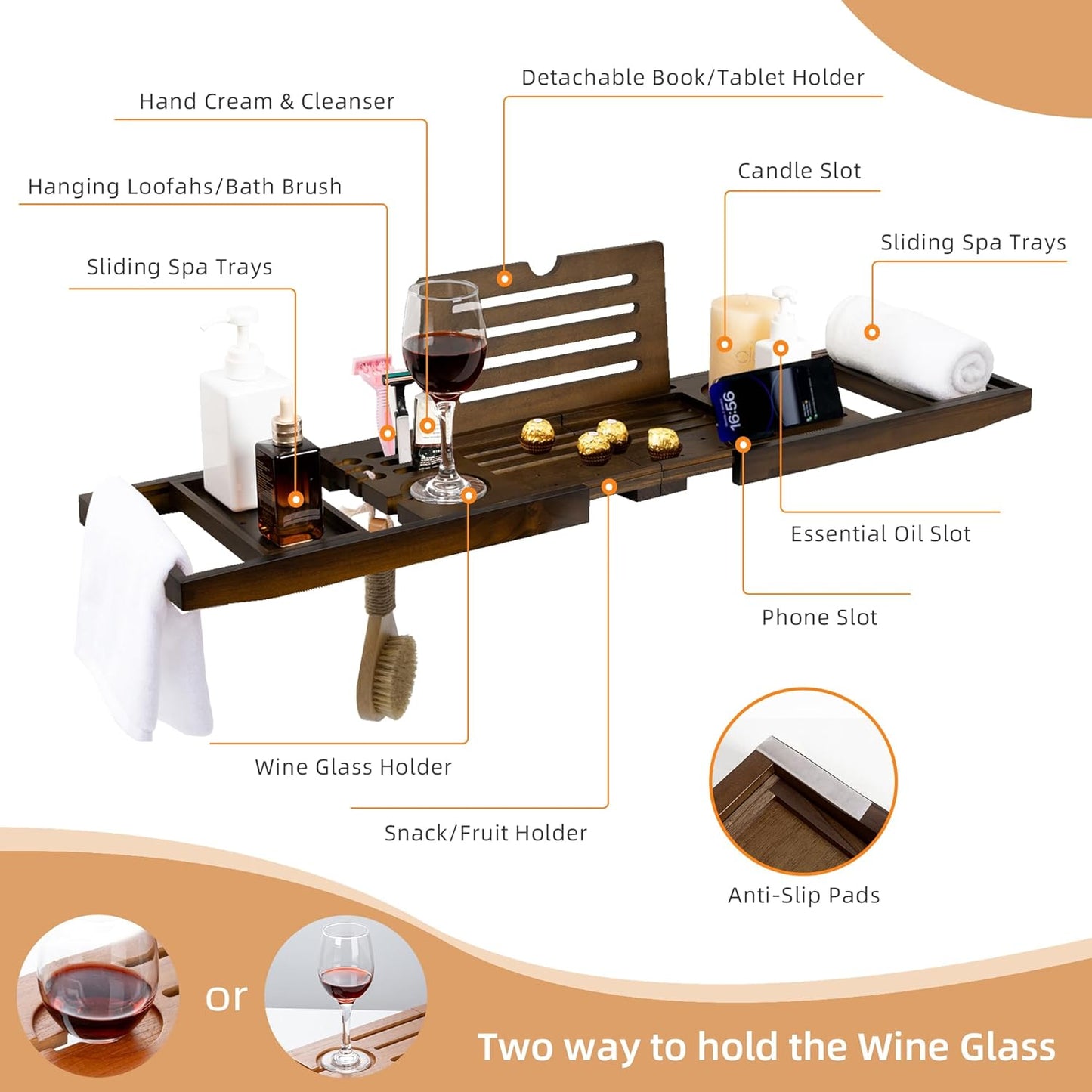 Wood Bathtub Tray Table - Foldable Bath Tray for Tub with Expandable Handles, Wine Glass & Phone Holder, Book Stand - Enhance Home Spa Experience with Natural TeakMaterial, Walnut