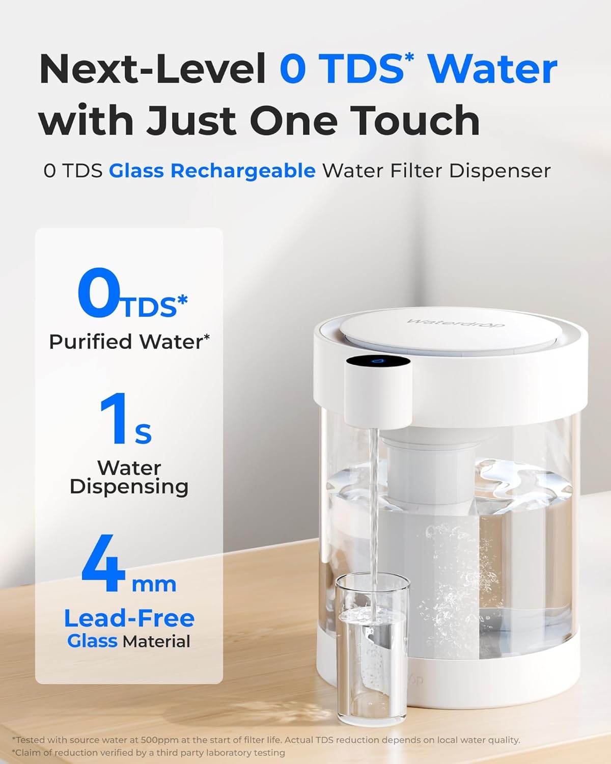 Waterdrop Zero TDS Glass Electric Countertop Water Filter Dispenser, Large 22-Cup, 4-Stage Instant Water Filtration System Rechargeable, Reduce Chlorine, Lead, Copper, with 1 Filter
