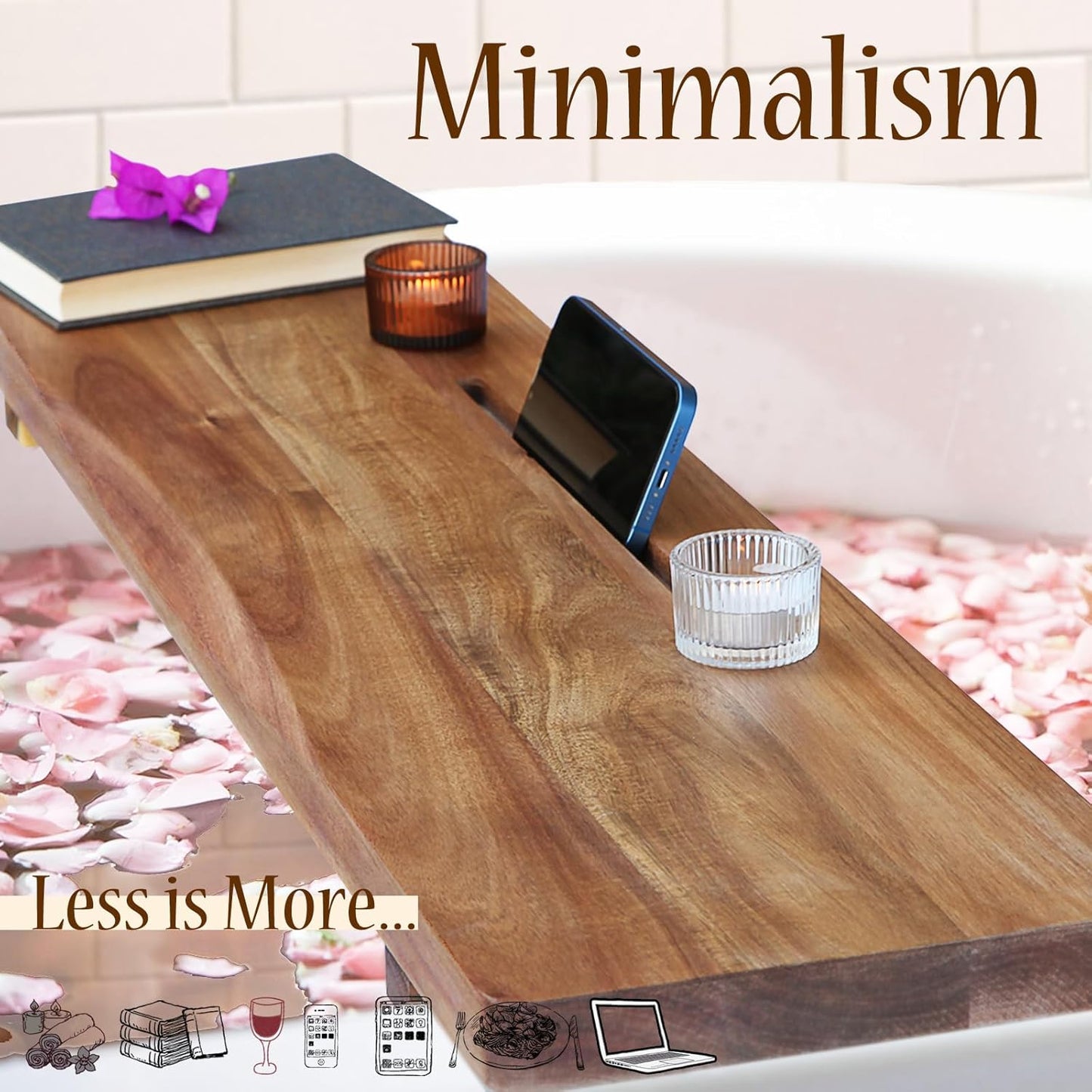 Premium 1.2IN Thickened Board Acacia Wood Bathtub Tray Caddy with Adjustable Legs, Minimalistic Design Bath Tray for Tub, Bathtub Accessories, Fits Most Bath Tubs, Idea for Women