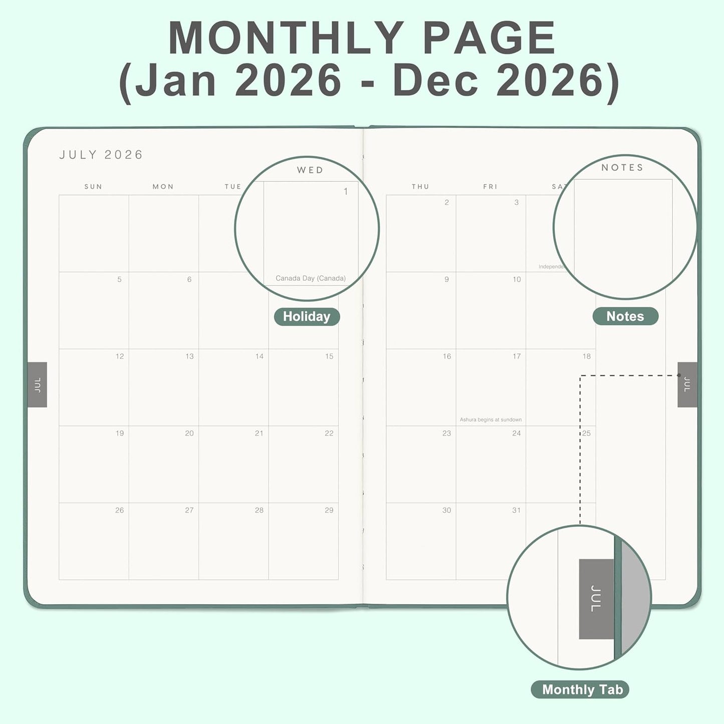 And Per Se 2026 Planner-Daily, Weekly & Monthly Leather Hardcover Planner, 5.7" x 8", Daily Schedule, Monthly Tabs, 100 GSM Thick Paper, Back Pocket(Green)