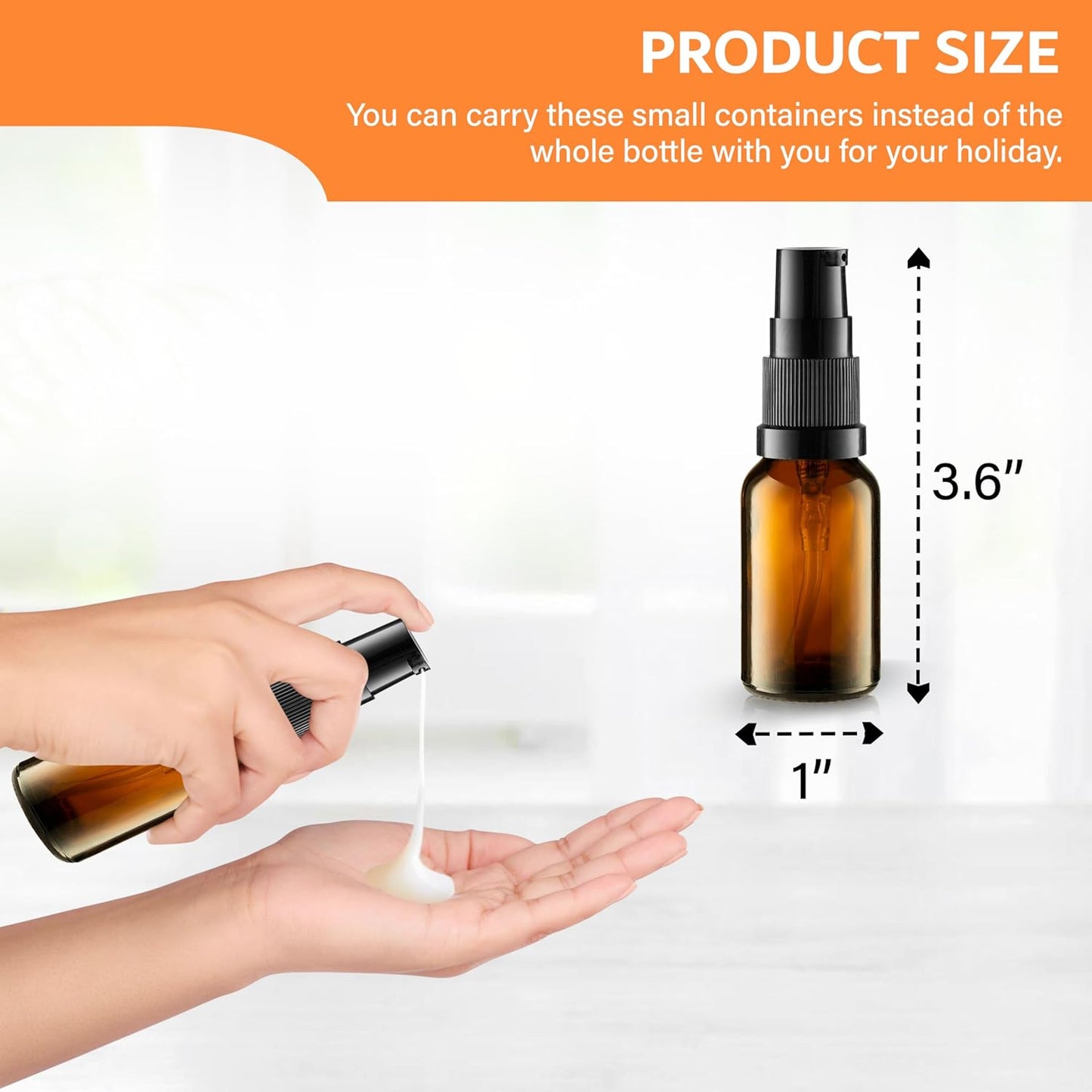 12 Pack Empty Refillable Glass Amber Pump Bottle Ideal for Lotion Cream Essential Oil Travel Small Container, 15ml