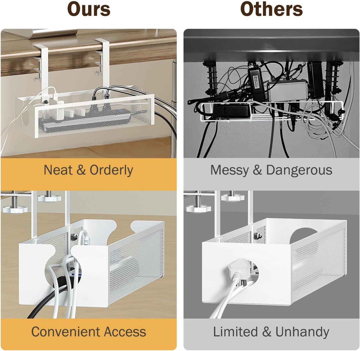 DELAMU Under Desk Cable Management Tray, No Drill Metal Mesh Cable Management Under Desk with F-Clamp Mount & 2 Open Holes, Cord Organizer for Home Office, 1 Pack, White