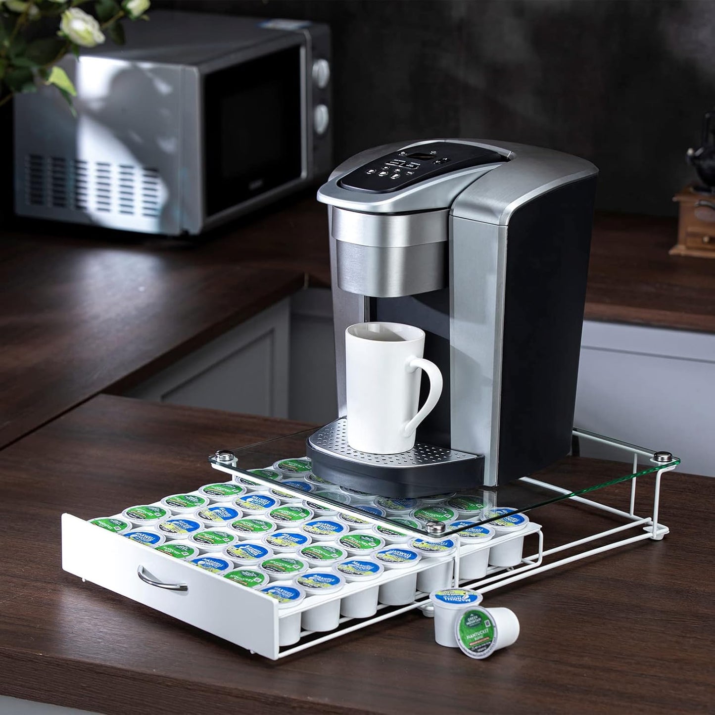 Rice rat K Cup Pod Holde Glass Top Drawer,Coffee Pod Holder Capsule Display Storage compatibility 42 k-cup(white)
