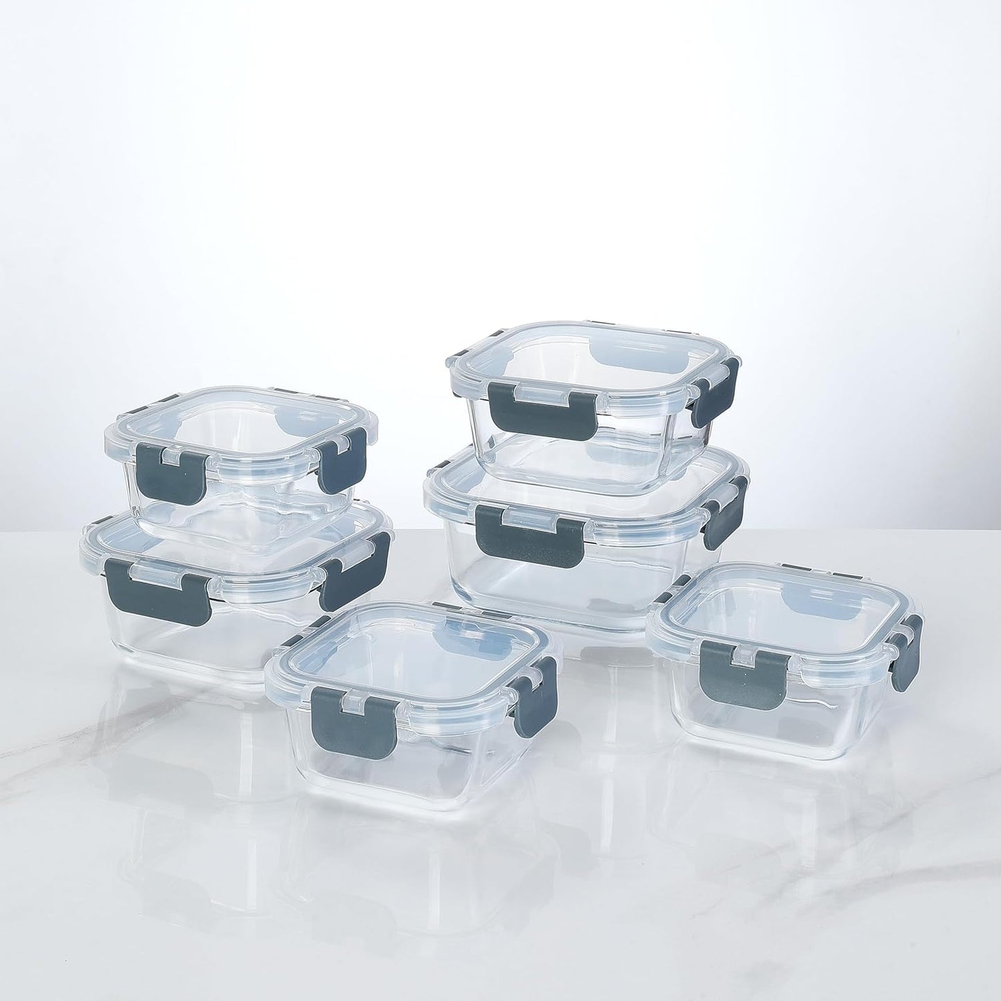 [6-piece set] Glass food preparation and storage containers with lids that provide a good seal. Glass lunch boxes that are microwave, oven, freezer, dishwasher safe. (square)