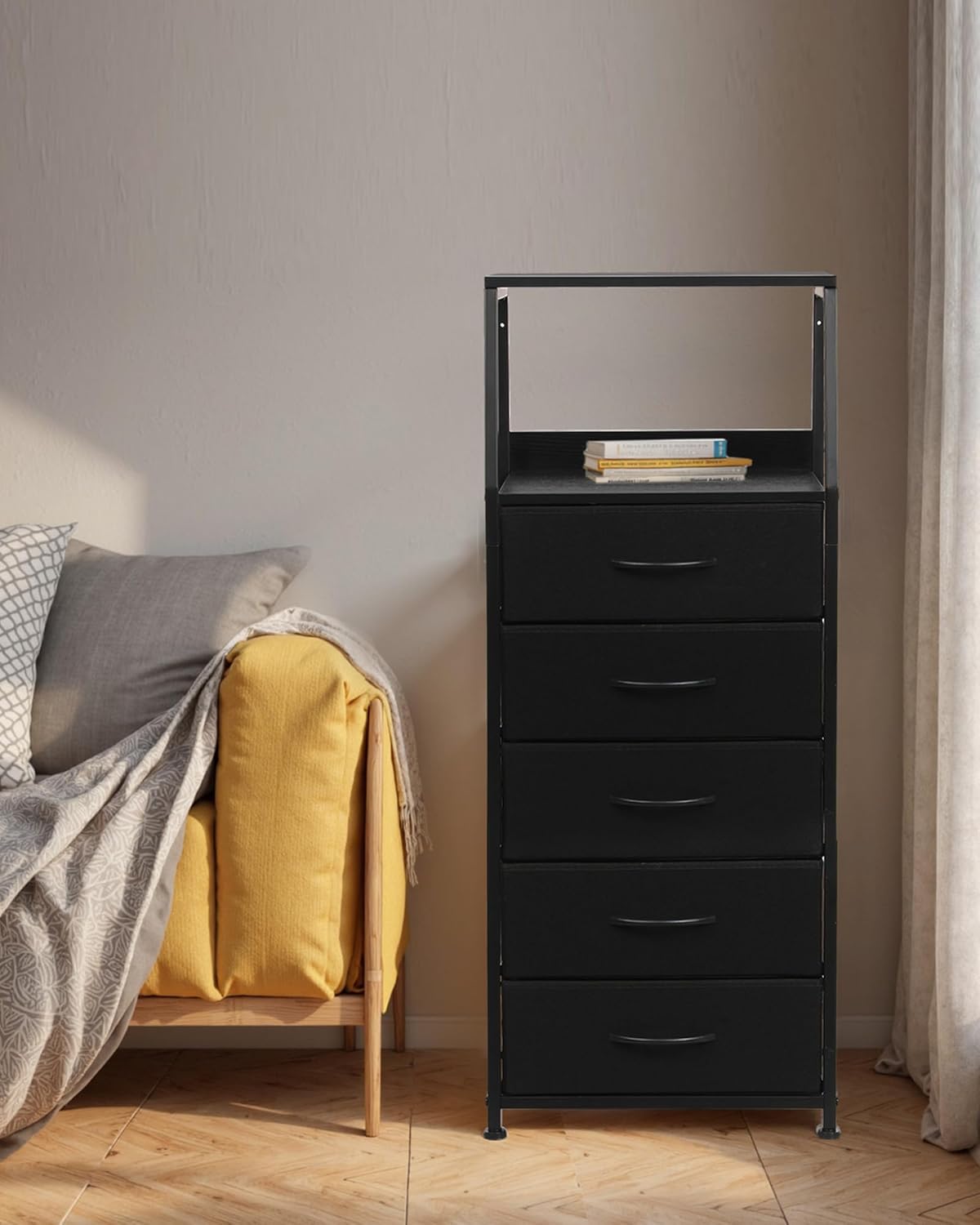 Dresser for Bedroom, Fabric Nightstand Tall Dresser & Chests of Drawers with 5 Drawers, Vertical Organizer Storage, Hallway, Entryway Black
