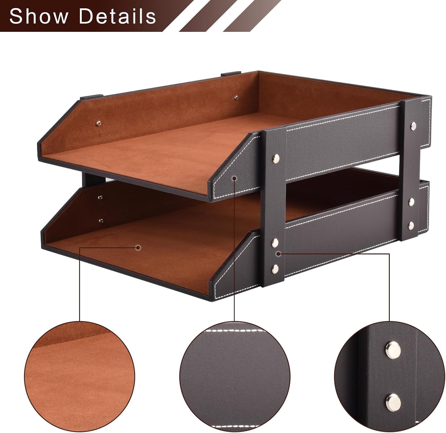 Leather Desk Organizer,2-Tier Stackable Letter Tray Holder,Office Supplies Desktop Storage Box for Document,Stationery,Magazines,Newspapers,Letters and Other Home Office Paper Sundries,Coffee