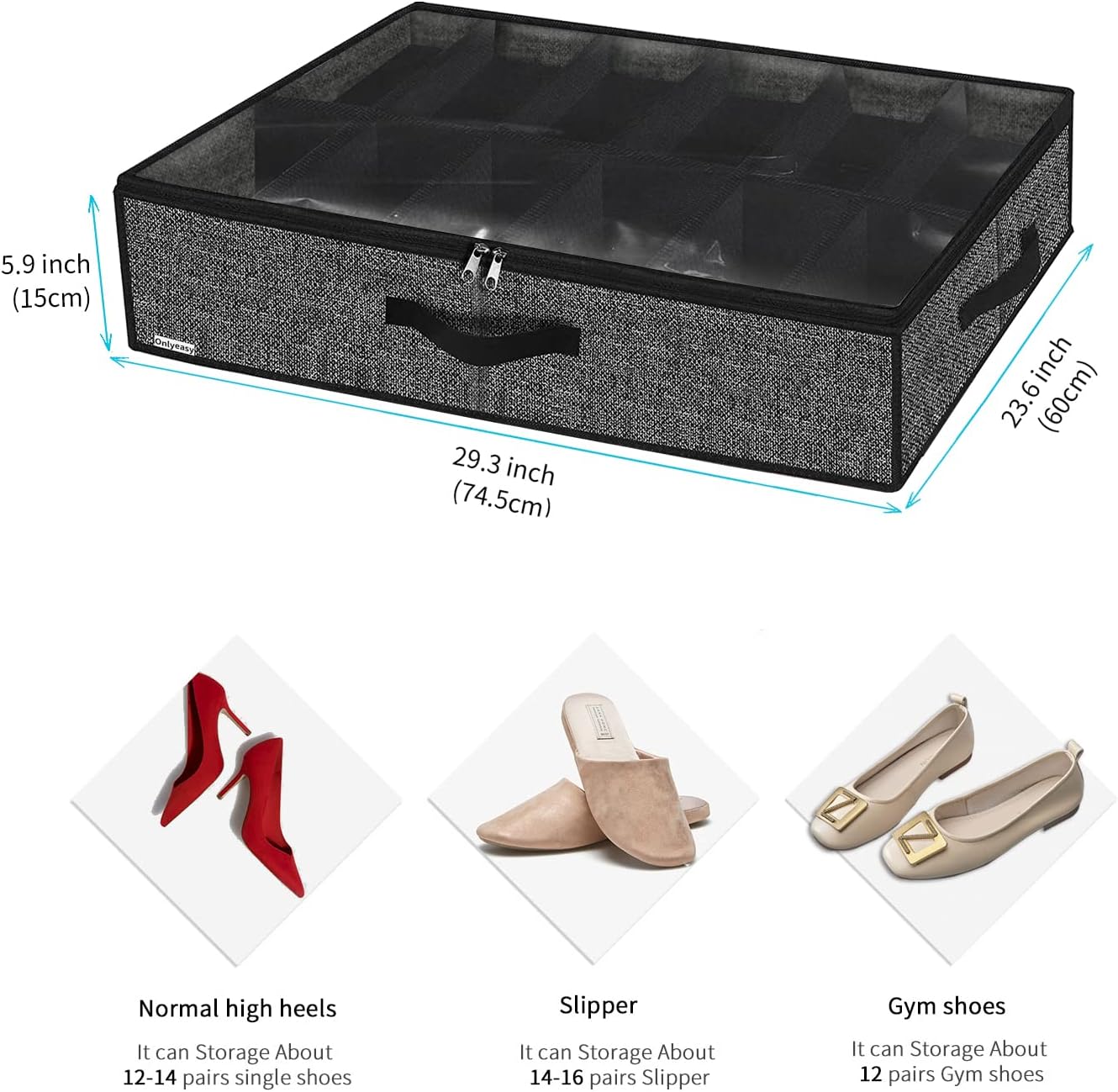 Onlyeasy Sturdy Under Bed Shoe Storage Organizer, Set of 2, Fit 12 to 24 Pairs, Underbed Shoes Closet Storage Solution with Clear Window, Breathable, L29.3 x W23.6 x H5.9, Linen-like Black, MXAUBSB2P