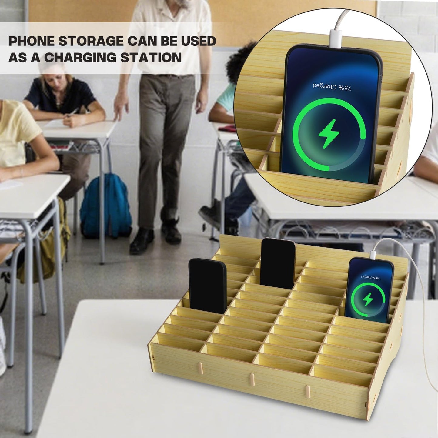 HengTianMei 48 Grid Wooden Desktop Storage Box Mobile Phone Management Storage Box Creative Desktop Office Meeting Finishing Grid Multi Cell Phone Rack Display