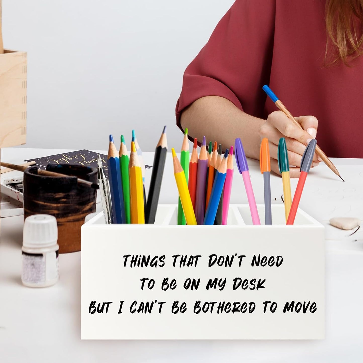 Funny Office Pen Pencil Holder Organizer for Desk, Humorous Gifts for Women Men, Funny But I Can't Be Bothered to Move Wooden Box Signs Decorations for Home Office Desk Tabletop