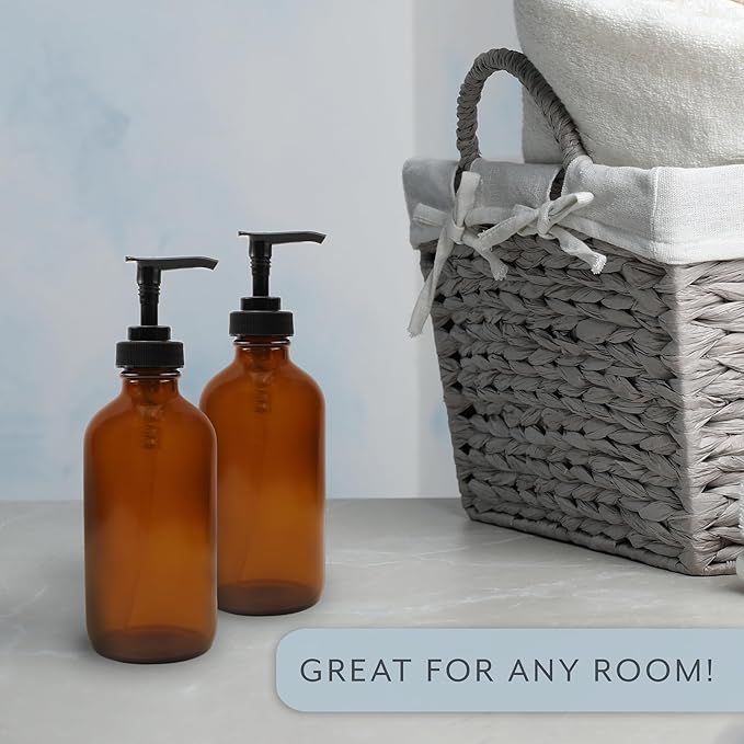 Cornucopia Brands 8oz Glass Pump Bottles (Pack of 4, Amber Brown) Lotion Soap Dispensers w/Black Plastic Pumps