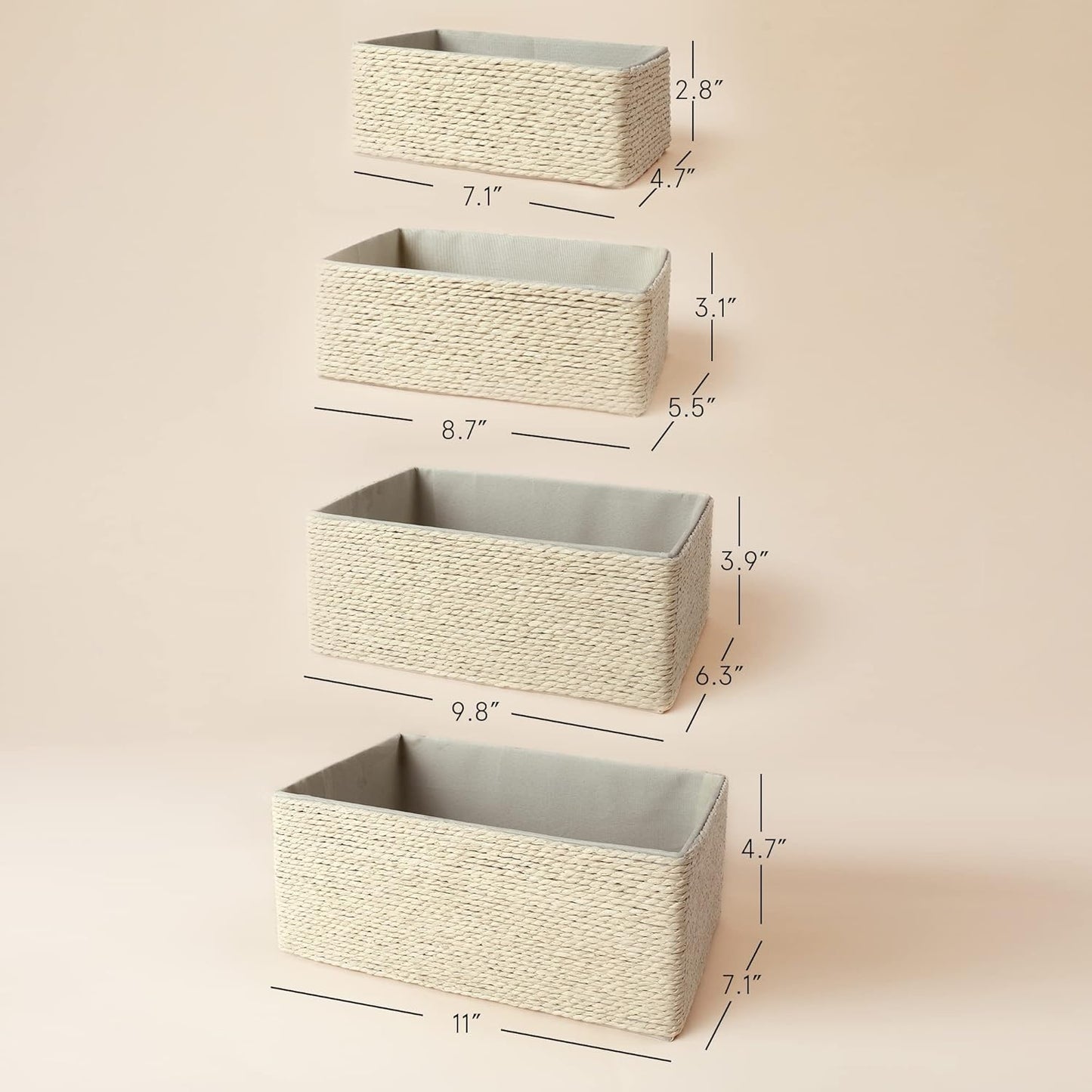 Storage Baskets Set 4 - Stackable Woven Basket Paper Rope Bin, Storage Boxes for Makeup Closet Bathroom Bedroom (Beige)