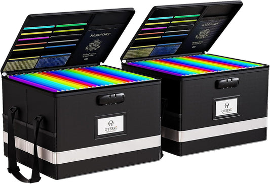 Oterri Large 2 Pack Fireproof Document Box With Lock, Portable File Safe Box Fireproof Waterproof For Hanging Letter&Legal Folders, Office Storage for Important Documents (Black)