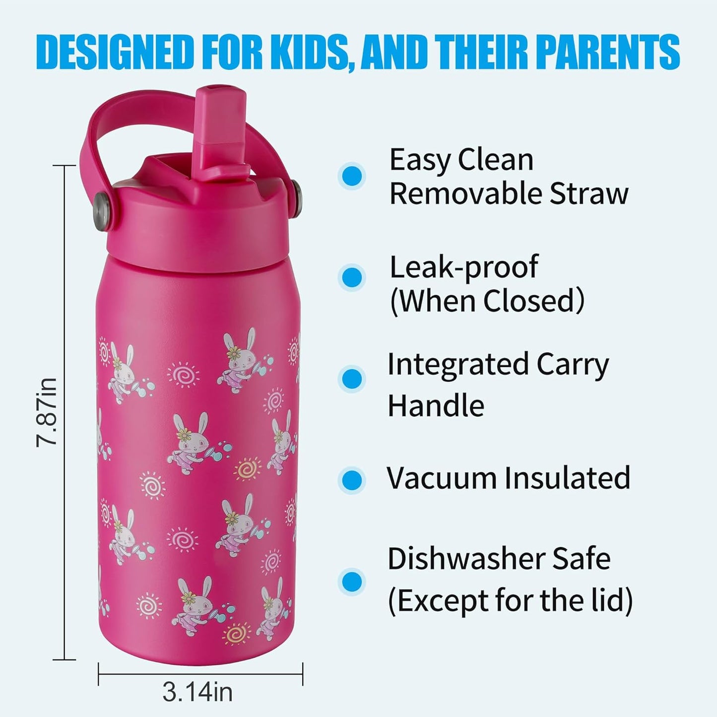OLDLEY kids Water Bottle - 18oz Insulated Stainless Steel - Wide Straw Lid, Non Spill, Leakproof, Kids Water Bottle for School,Pink Bunny
