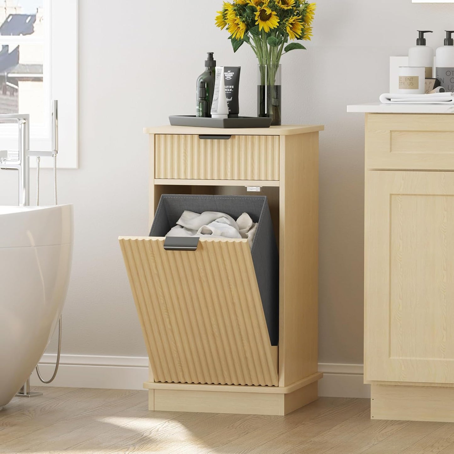 Natural Tilt Out Laundry Hamper Cabinet Hidden Laundry Hamper Cabinet with Drawers and Baskets for Bathroom Hamper with Storage for Kitchen Bedroom，16x16x30in