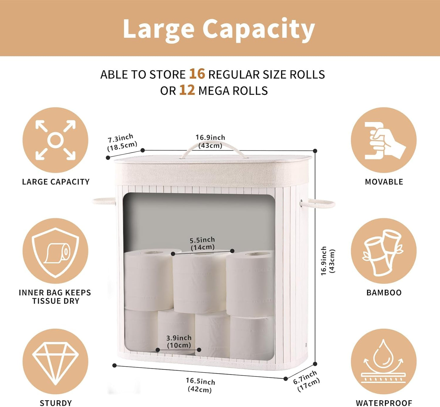 Bamboo Toilet Paper Storage with Lid & Handel, 8 Gallons (30L), Sturdy Toilet Paper Basket, Organizer for Bathroom, Kitchen, Holder with Storage, White