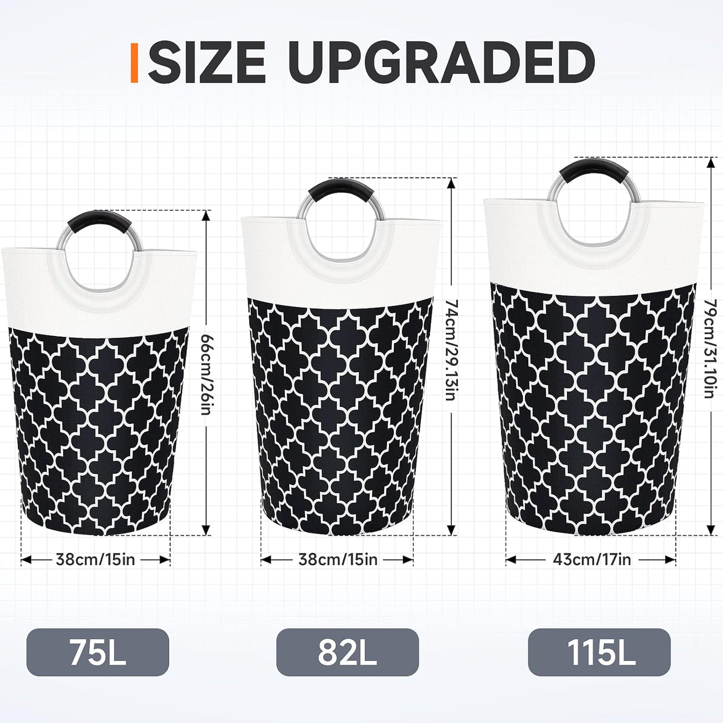 Large Laundry Basket Laundry Hamper Bag Washing Bin Clothes Bag Collapsible Tall With Handles Waterproof Travel Bathroom College Essentials Storage For College Dorm, Family (Black)82L