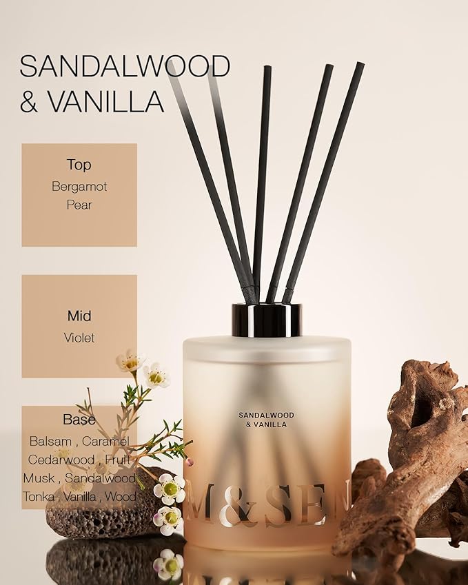 M&SENSE Sandalwood & Vanilla Reed Diffuser Set - 16.9 fl oz Long-Lasting Scent, Non-Toxic Essential Oil Diffuser for Home, Fragrance Diffuser Christmas Housewarming Gift & Bathroom Bedroom Decor
