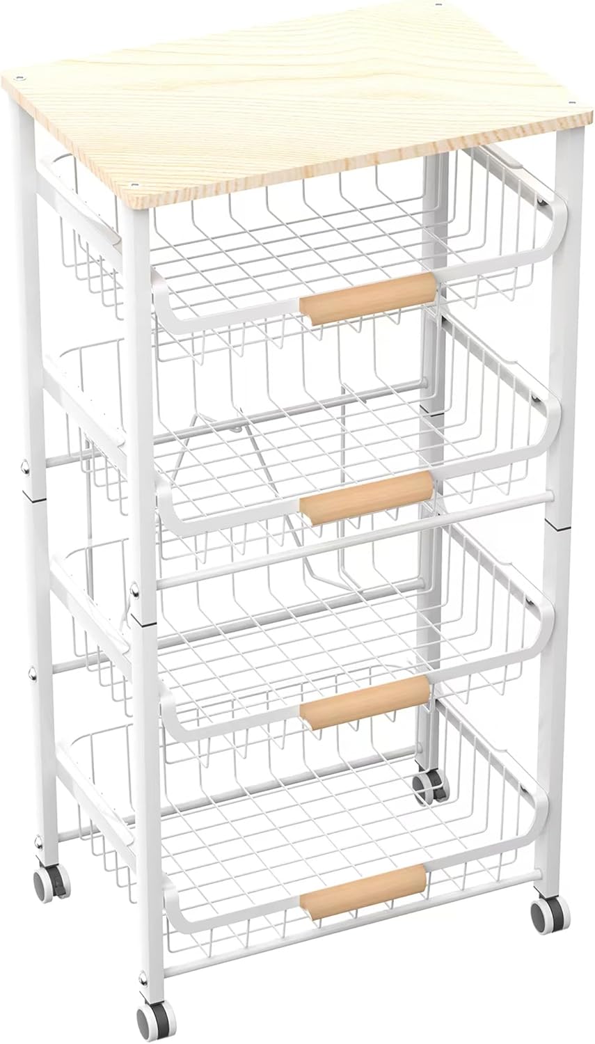 5-Layer Fruit Basket Kitchen Food Storage Organizer and Storage Rack, Stackable Storage cart with Desktop, Pull-Out Hollow Metal Storage Basket, Wheeled Sorting Rack Spice Rack