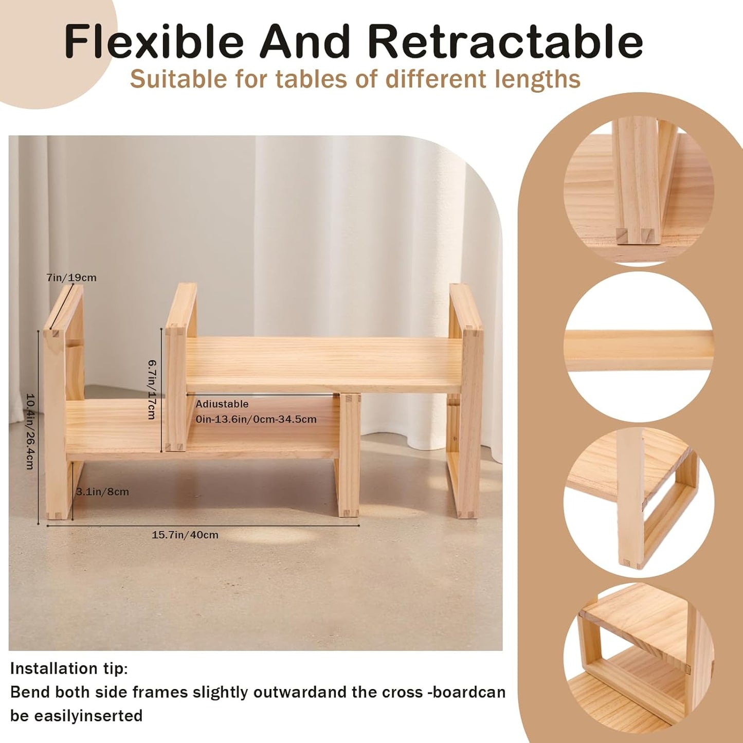 Upgraded Desktop & Off-Surface Shelves, No Tools Assembly Interlocking Joints for Enhanced Stability, Solid Pine Wood, 130lb Load Capacity for Office, Books, Bathroom Storage