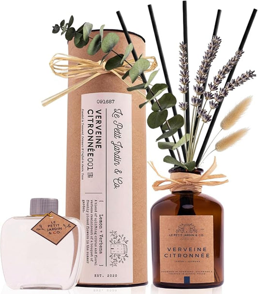 Reed Diffusers - Oil Sticks Diffuser Set with Real Dried Flowers - Reed Diffusers for Home, Bathroom & Office | Air Freshener Fragrance Sticks for Shelf Decor & Gifts by Le Petit Jardin & Co.