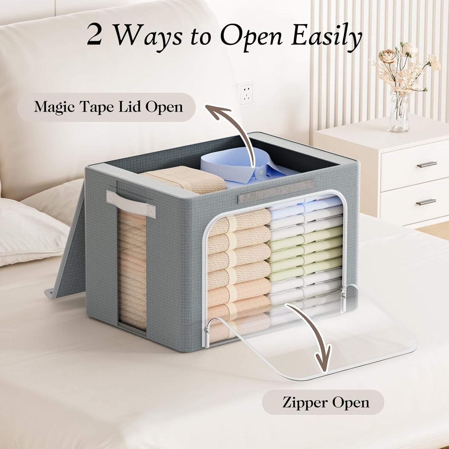 Yecaye Clothes Storage Bins with Metal Frame, 40L Foldable Clothing Storage Bins with Lid, Stackable Zippered Clothes Storage Bags, Oxford Fabric Organizer Box With Clear Window＆ PU Leather Handles