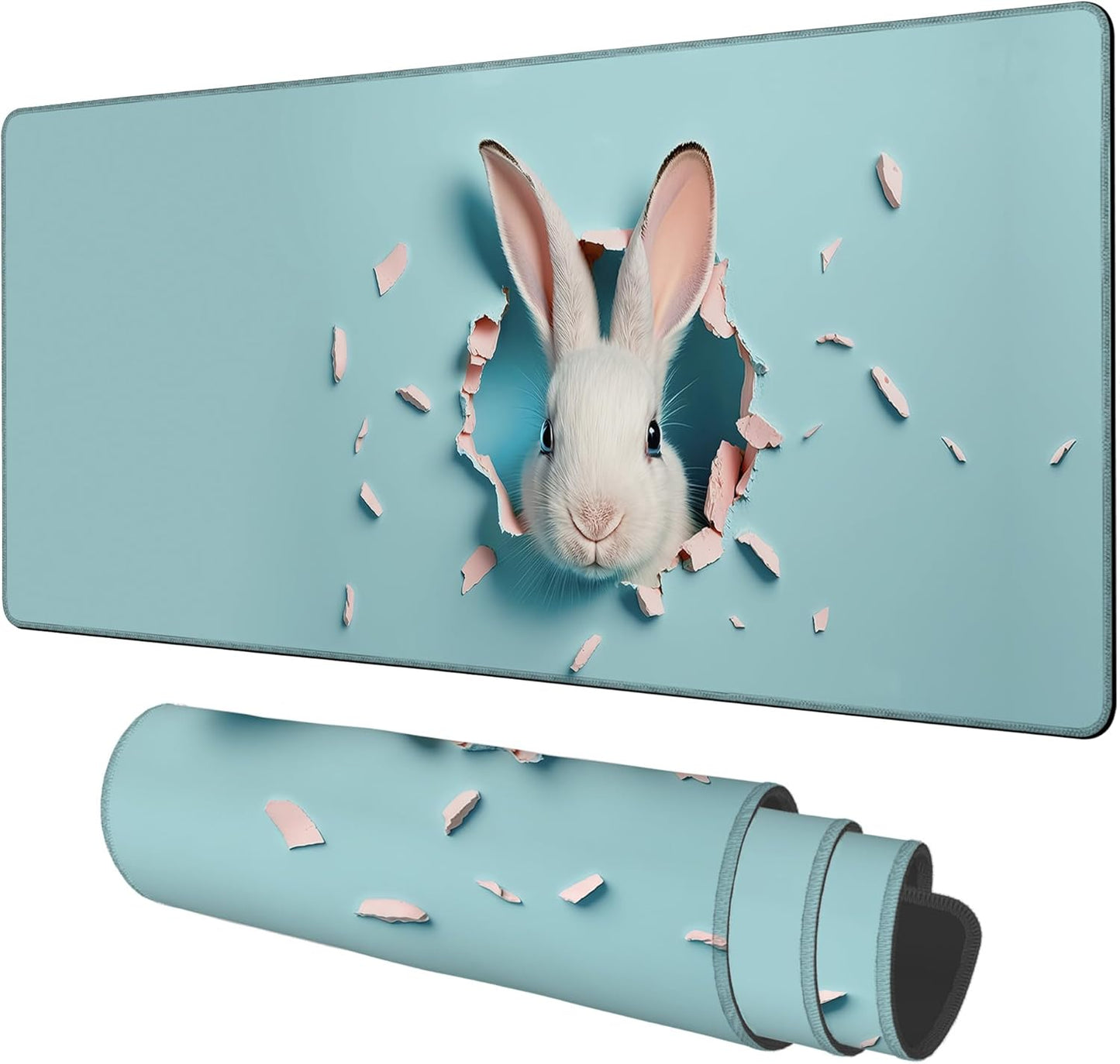 Gaming Desk Pad Large Extra Length Bunny Peeking Out of A Hole Mouse Pad Keyboard Laptop Non-Slip Waterproof with Rubber Base Thick Stitched Edge Mouse Mat for Office Home 35.4 x 15.7 Inches