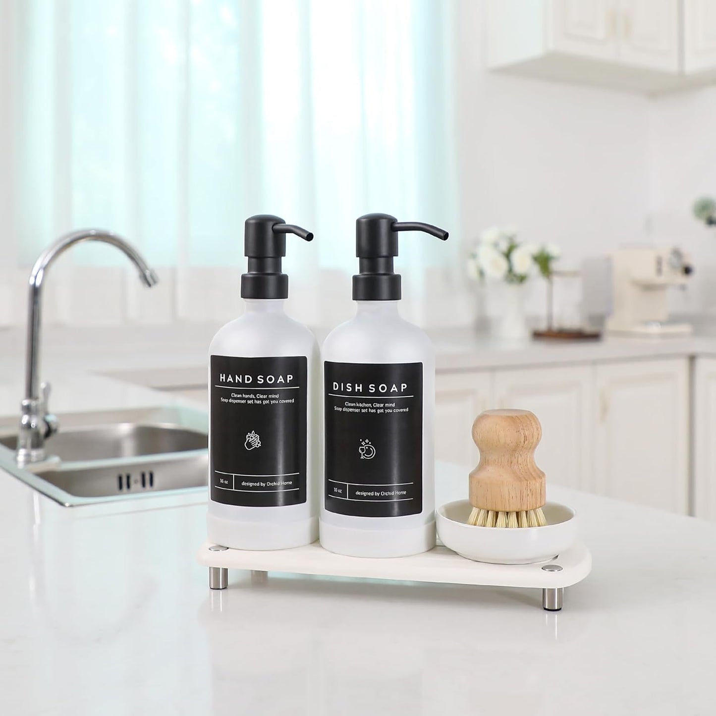 [Luxury] Kitchen Soap Dispenser Set - 16OZ White Glass Bottle, Stainless Steel Pump, Instant Dry Tray, Waterproof Labels, Non-Slip Silicone Pad, and Dish Brush | Upgrade for Your Kitchen and Bathroom