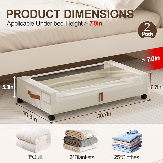 LAMU 2 Pack Under Bed Storage with Wheels, 60L Large Lapacity UnderBed Storage Containers with Clear Lid and Handles, Under the Bed Storage Bins Drawers for Clothes, Blankets, Shoes, Books, Beige