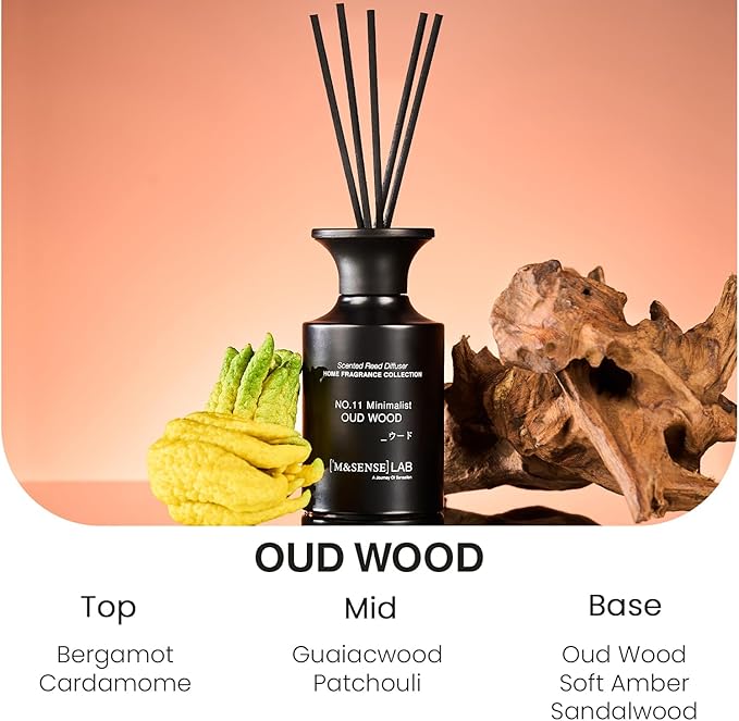 M&SENSE Minimalist Large Reed Diffuser 300ml, Oud Wood Scented with Natural Essential Oils, Long Lasting with 7 Sticks, Non-Toxic Home Fragrance for Bedroom, Bathroom Decor