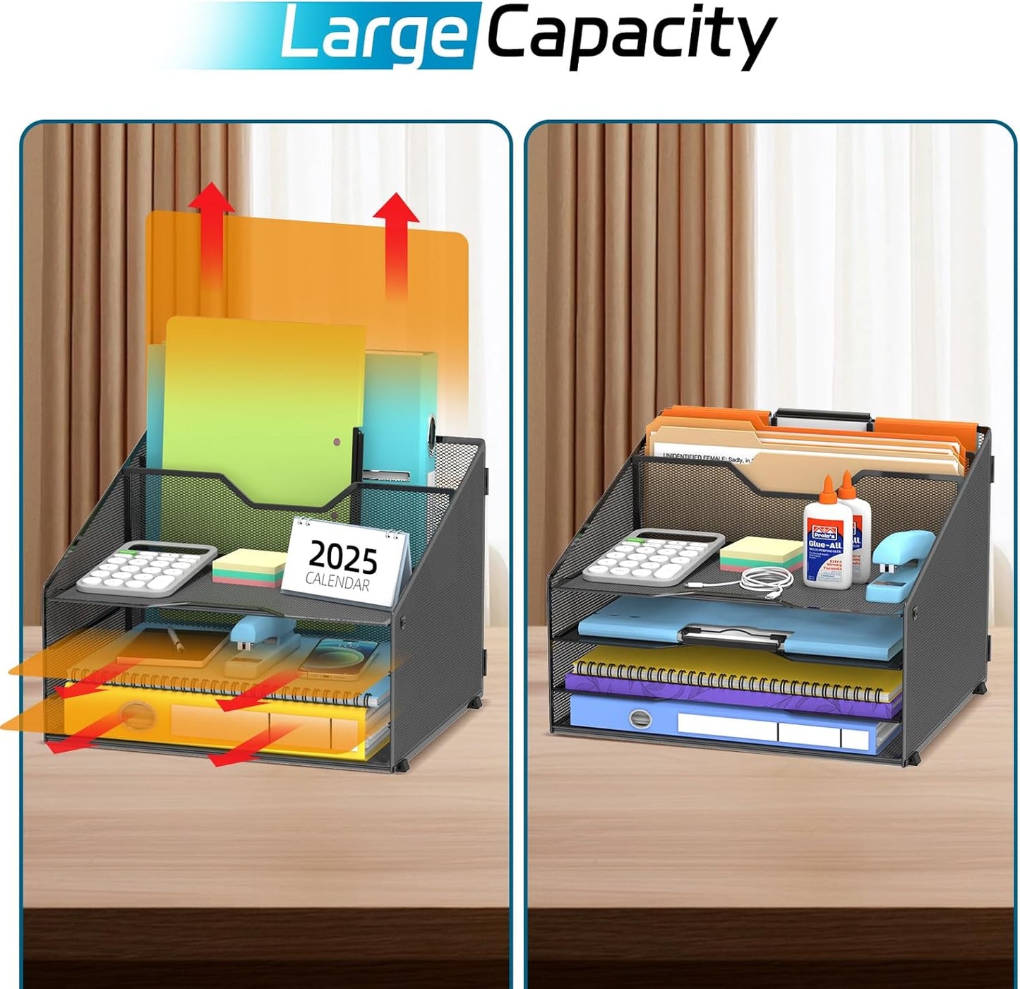 Desk File Organizer, Paper Organizer with 4 Letter Trays and 2 Vertical Upright Sections, Desk Organizers and Accessories for Office, School, Home, Black