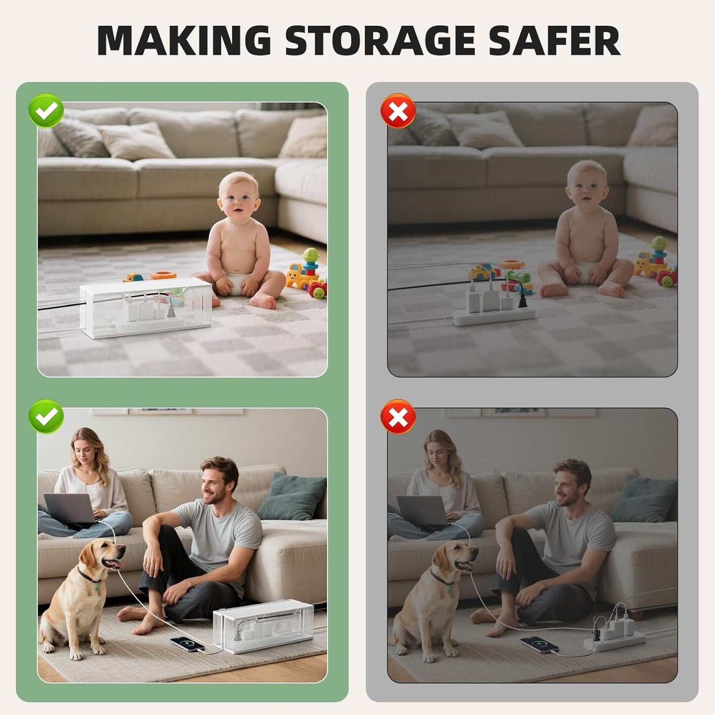 3 Pack Cable Management Box, Metal Mesh Cord Organizer Box for TV Wires, Electrical Hiding, Power Strip – Under Desk Cable Storage Box with Cable Clips&Reusable Cable Ties for HomeOffice - White