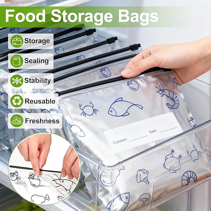 30Pcs Reusable Aluminum Foil Sealable Storage Bags,2026 New Resealable Vacuum Zipper Pouches For Food,Reusable Ziploc Bags,Thicken Stand Up Foil Sealable Bags With Label And Zip Lock(10*S+10*M+10*L)