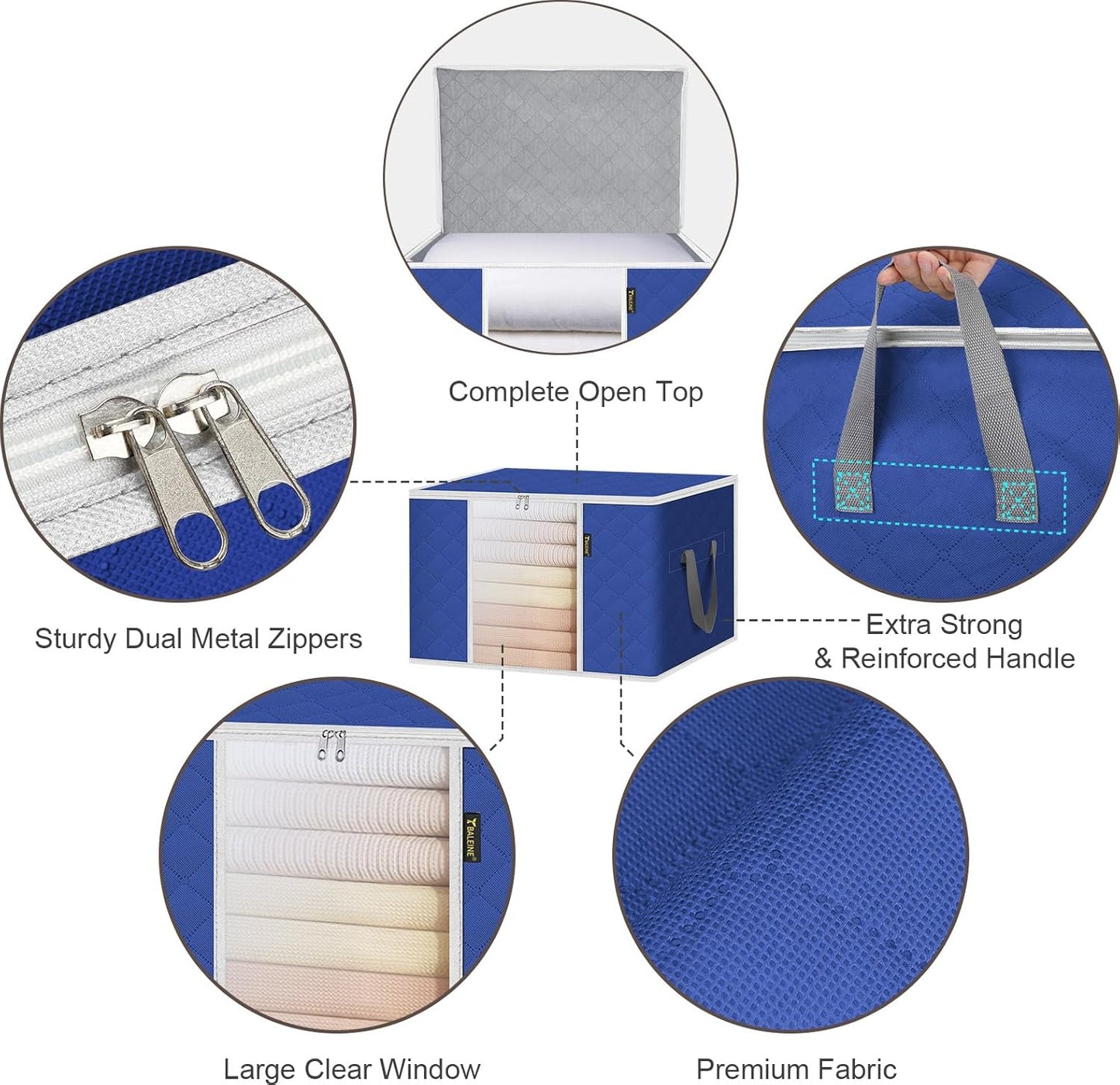 BALEINE 6 Pack Clothes Storage Bags, 24 Gallon Storage Containers with Reinforced Handle, Sturdy Zipper, Closet Organizer for Blanket, Comforter, Pillow, Bedding (Blue, 6 Pack)