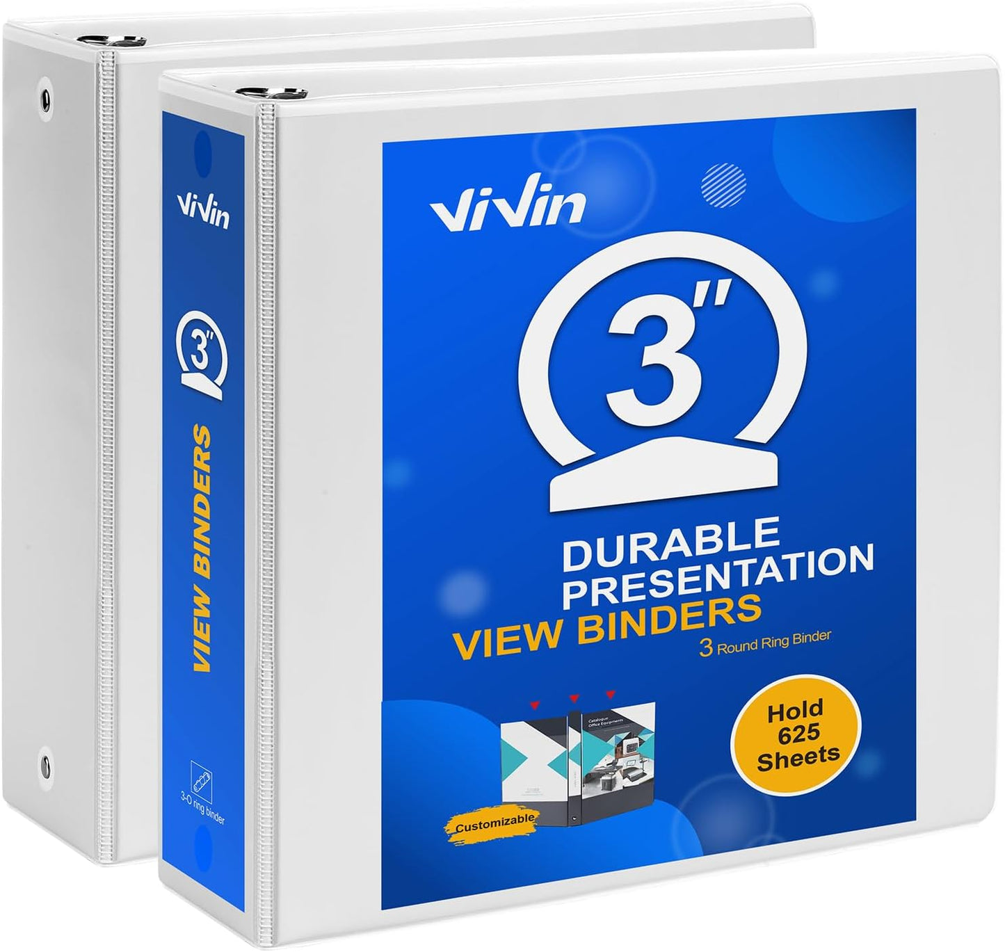 ViVin 3 Ring Binder 3 inch with Clear View Cover, Large 3" Round Ring for Strength, Holds 600 Sheets of US Letter Size Paper, Office Home School, 2 Pack (White)