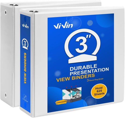 ViVin 3 Ring Binder 3 inch with Clear View Cover, Large 3" Round Ring for Strength, Holds 600 Sheets of US Letter Size Paper, Office Home School, 2 Pack (White)