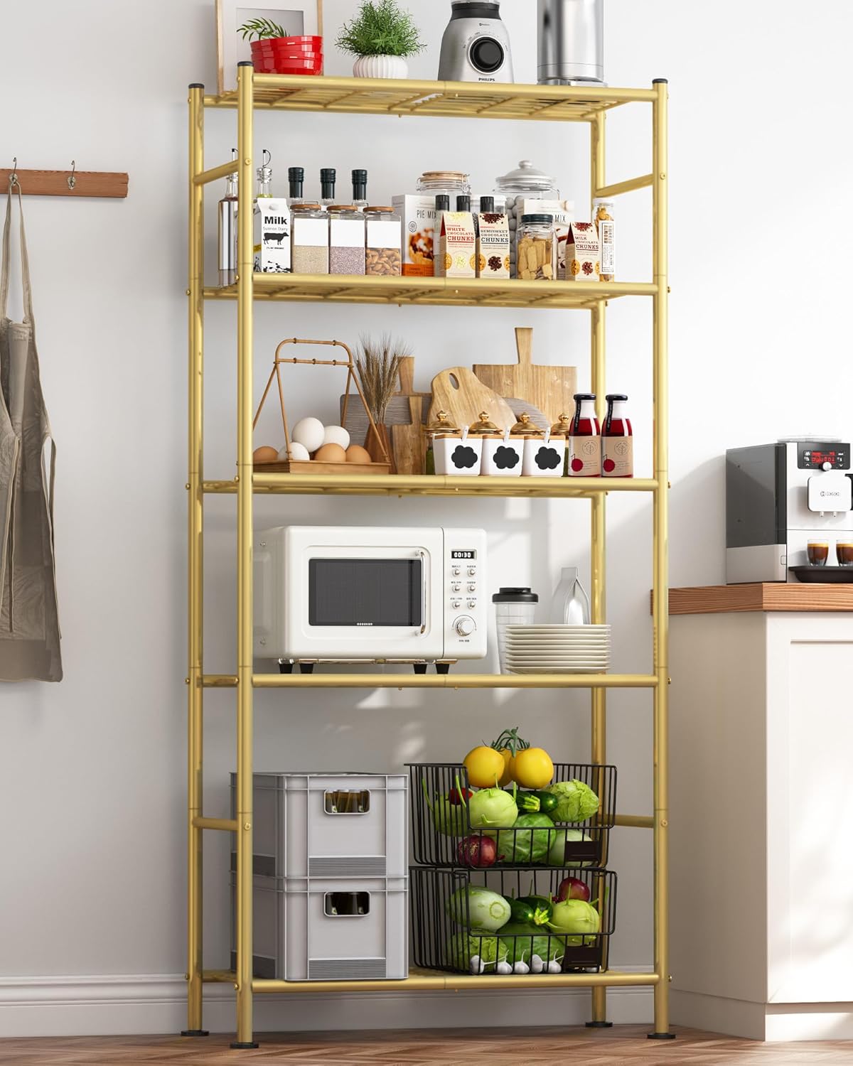 Storage Shelves - 5 Tier Shelf Organizer, Heavy Duty Garage Shelving Unit with Leveling Feet, Stable Metal Shelves Organizer for Pantry, Kitchen and Closet, 33.0" W x 12.6" D x 72.0" H, Gold