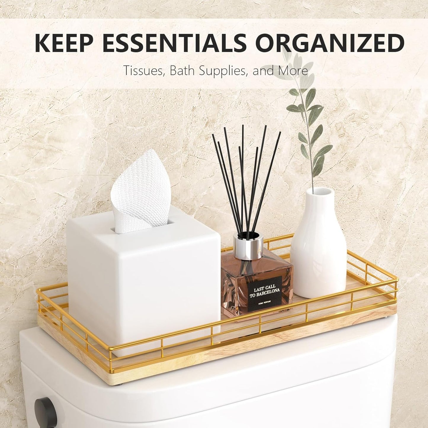Toilet Paper Basket Organizer – Oak Wood Toilet Tank Tray with Metal Frame, Back of Tank or Top Bathroom Counter Storage – Gold & Oak Modern Decor