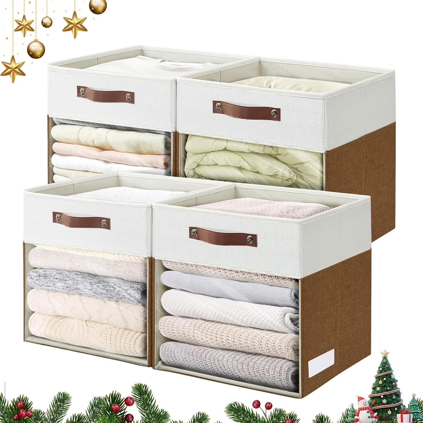 Storage Cubes, 4 Pack Linen Foldable Storage Bins (13 x 13 inch) with Clear Window and Handles, Fabric Organizer for Shelf Closet, Clothes, Books - (Brown and White)