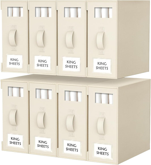 Criusia Bed Sheet Organizers and Storage, 8 Pack Foldable Linen Closet Organizer Box – Bedding Holder for Sheet Set (King/Queen Sizes), Duvet Covers, Blankets (Beige)