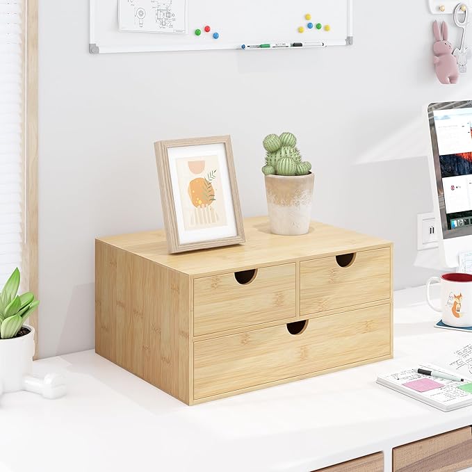 Bamboo Desk Drawer Organizer, Large Desktop Organizer with Drawers Tabletop Storage Organization Box for Office Home Toiletries Supplies Vanity, No Assembly Required (L-3 Drawers)