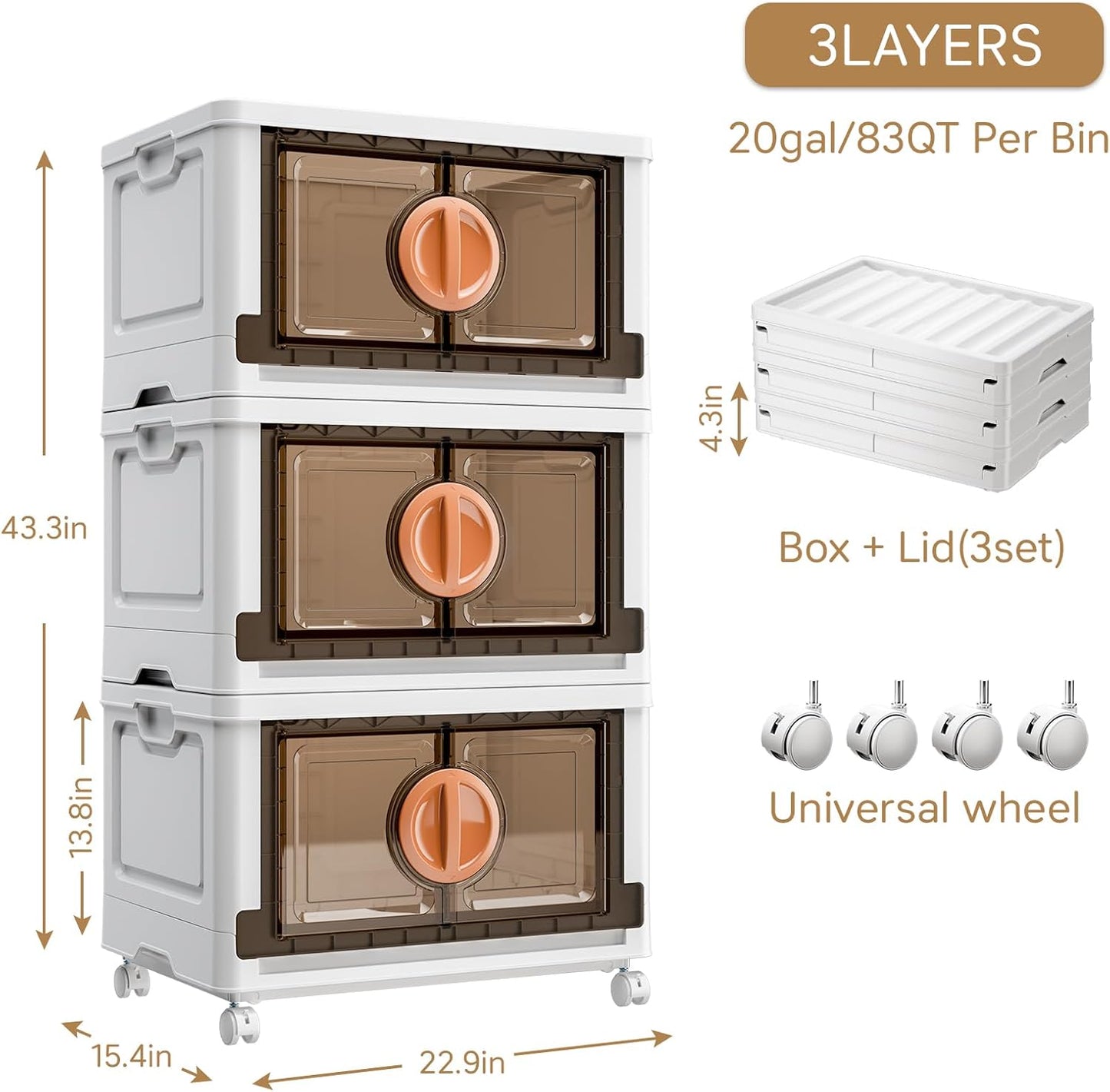 JEKO&JEKO 249Qt Lockable Stackable Storage Bins with Lids, Collapsible Closet Organizer with Wheels, Plastic Cabinet Drawer for Clothes 3 Pack (White)