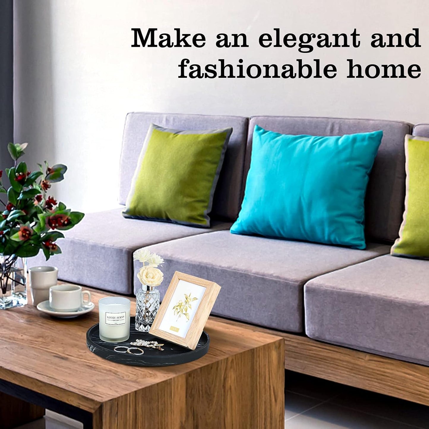 Emibele Vanity Tray, Resin Round Tray Decorative Storage Organizer for Bathroom Toilet Tank Bedroom Kitchen Countertop, Jewelry Storage Dresser Tray for Candle,Lotion Bottle,Cosmetics, Matte Ink Black