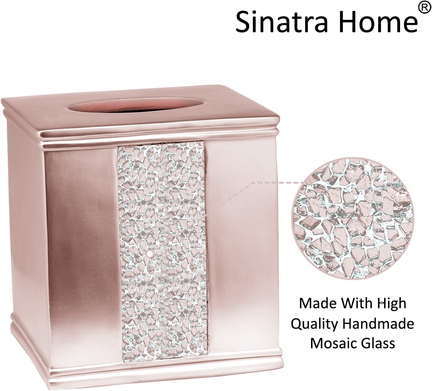 Zahari Home 2pc Sinatra Modern Bath Accessories Set Waste Basket & Tissue Box Modern Decorative Beautiful Designs Bathroom Decor Set for Home Blush Bathroom Set Mosaic Glass
