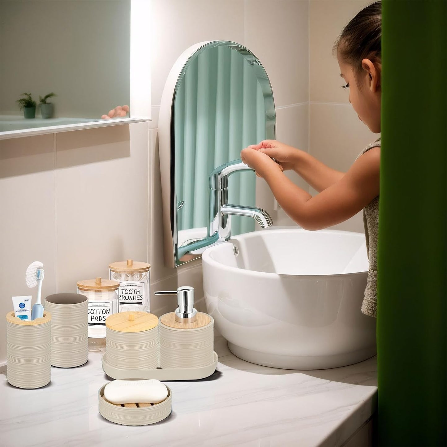 IMAVO Bathroom Accessory Set-11Pcs Beige Bathroom Accessories Set with Trash Can,Soap Dispenser,Soap Dish,Toothbrush Holder,Toothbrush Cup,Toilet Brush Holder,Qtip Holder Dispenser with Labels