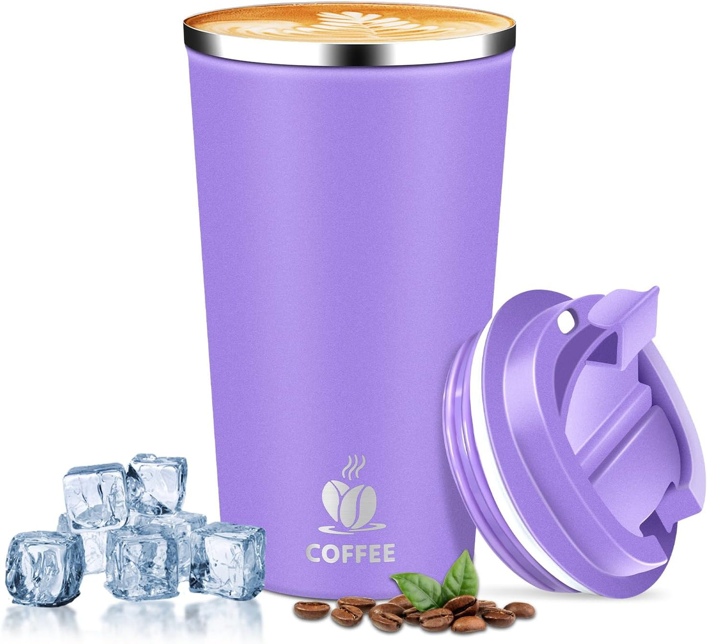 Insulated Travel Coffee Mug Reusable Coffee Tumbler Cup with Flip Lid Leak Proof Spill Proof for Office School Party Camping Hot and Cold Drink,Stainless Steel 17oz (Purple)
