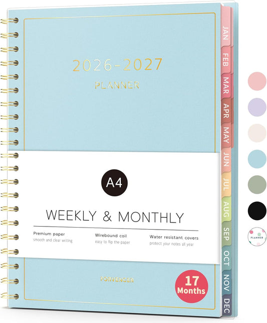 Forvencer Planner 2026-2027, 17 Month Weekly and Monthly Calendar Planner, Jan 2026 -May 2027, 8.5" x 11", Daily Agenda Book with Tabs, College Organizer Notebook, School Supplies for Student Teacher Classroom, A4, Sky Blue