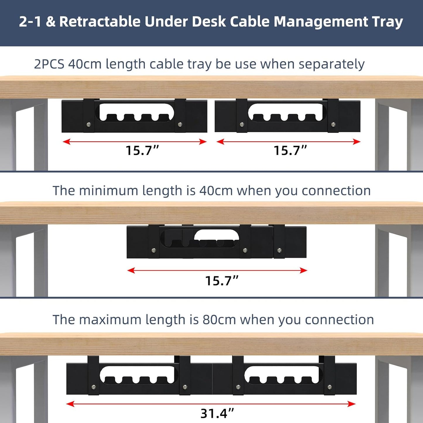 2 Pack Cable Management Under Desk Tray,Adjustable Length(15.7”-31.4”) Large Cord Organizer for Wire Management Tray,Under Table Cord Wire Organizer for Home,Office,Computer Desk