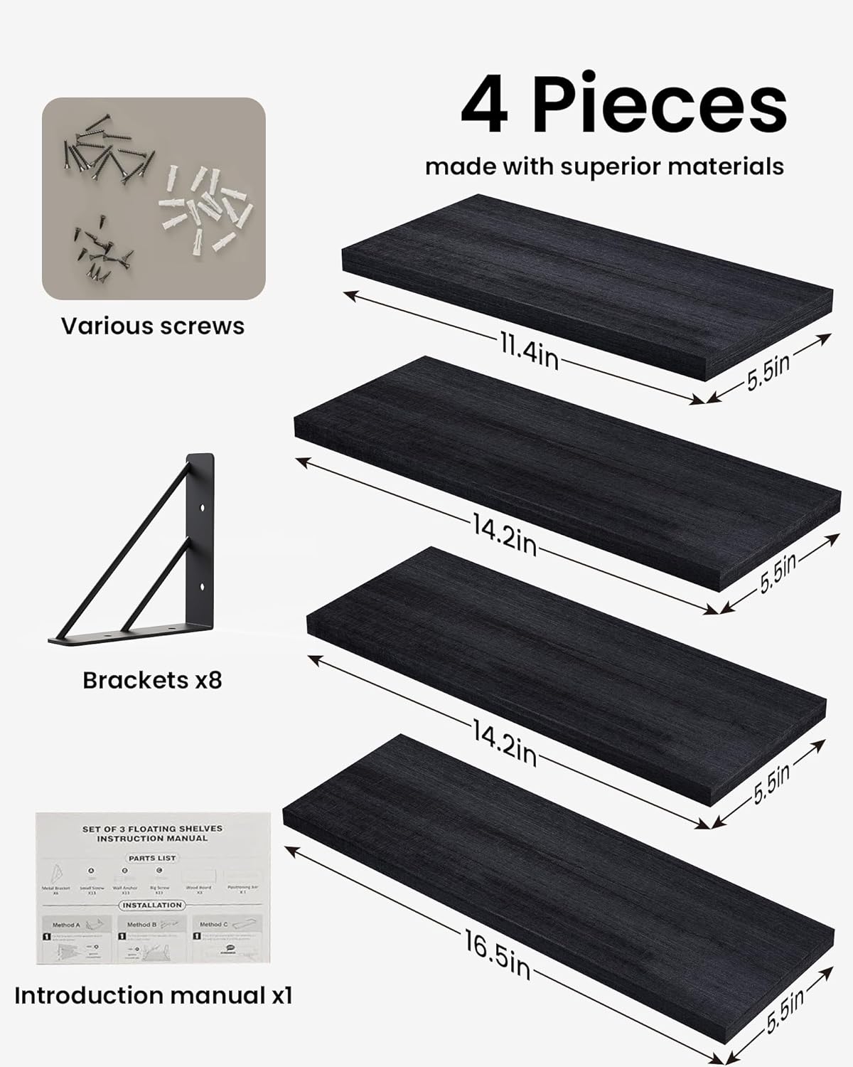 BAYKA Wall Mounted Floating Shelves, Wood Floating Wall Shelf for Books & Decor, Small Space-Saving Display & Organizer（Black，Set of 4）