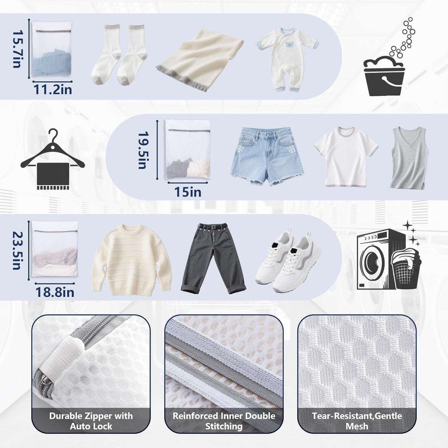 Laundry Bag Backpack with 3 Sizes Mesh Wash Bags and Shoulder Straps Foldable Clothes Hamper Bag with Drawstring Closure for College, Apartment, Laundromat (Black)