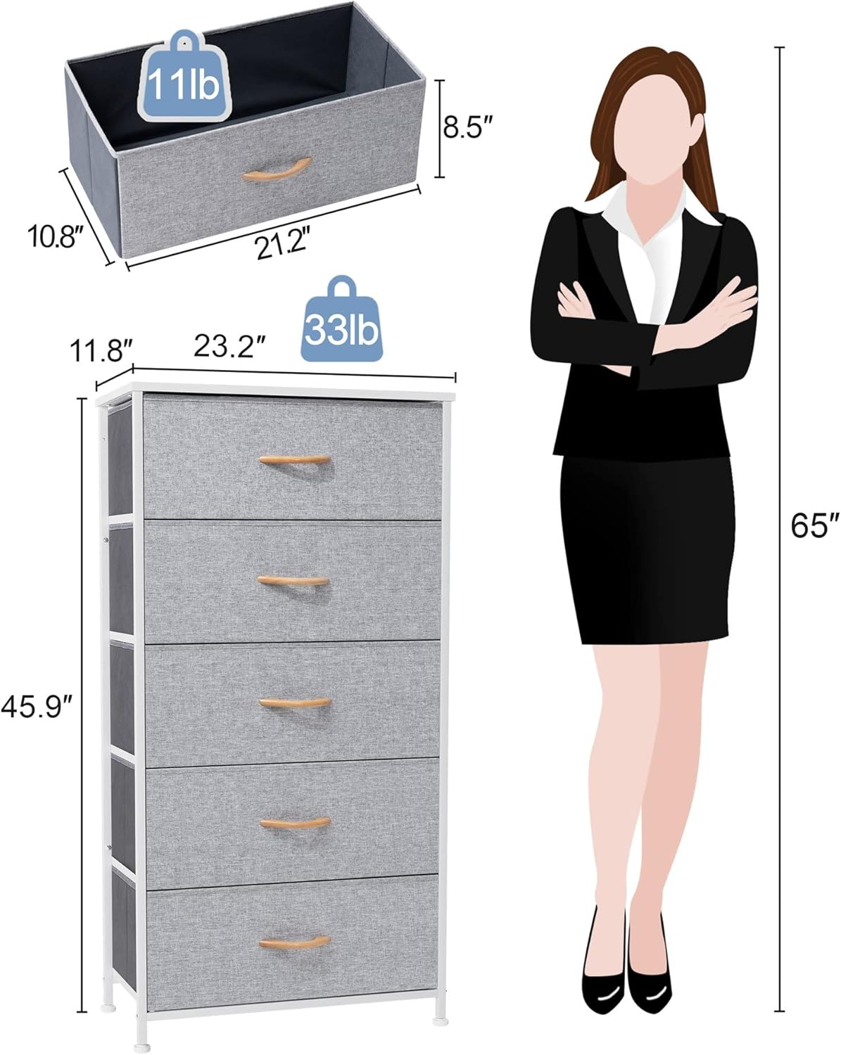 Crestlive Products Vertical Dresser Storage Tower - Sturdy Steel Frame, Wood Top, Easy Pull Fabric Bins - Wide Organizer Unit for Bedroom, Hallway, Entryway, Closets - 5 Drawers(Light Gray)